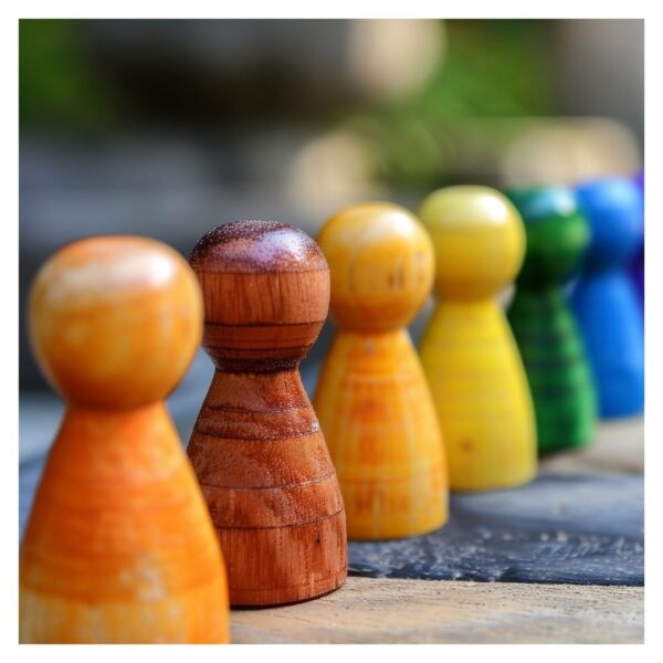 Colorful wooden game pieces aligned in a row