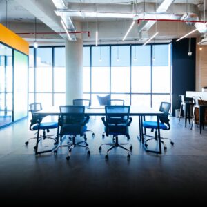 Open workspace with meeting room and bar counter