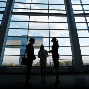 Three professionals engaged in a discussion by windows