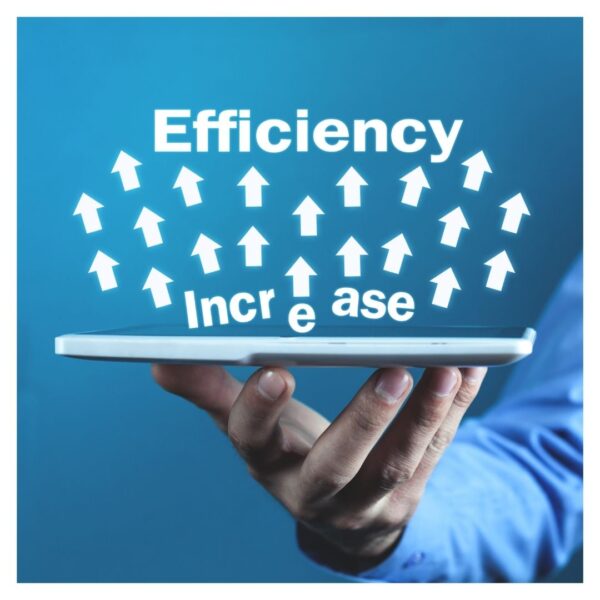 Hands holding tablet showing "Efficiency Increase" with upward arrows