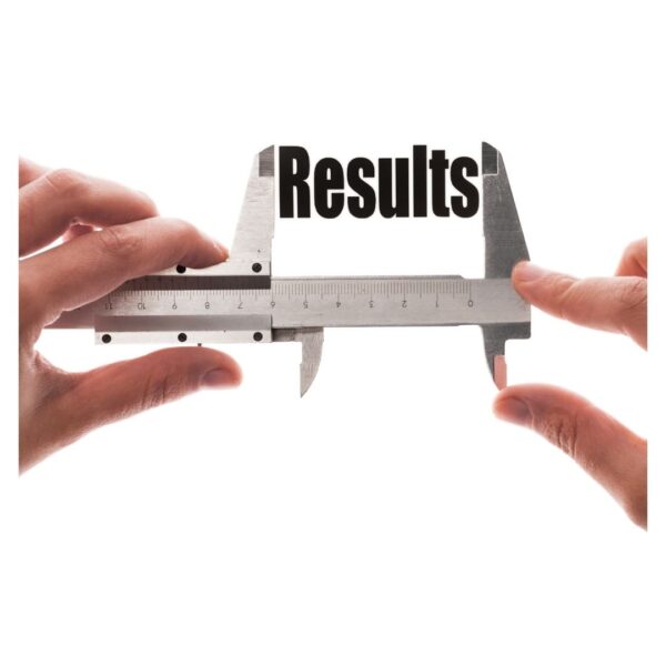 Hands holding a caliper labeled "Results" symbolizing precision